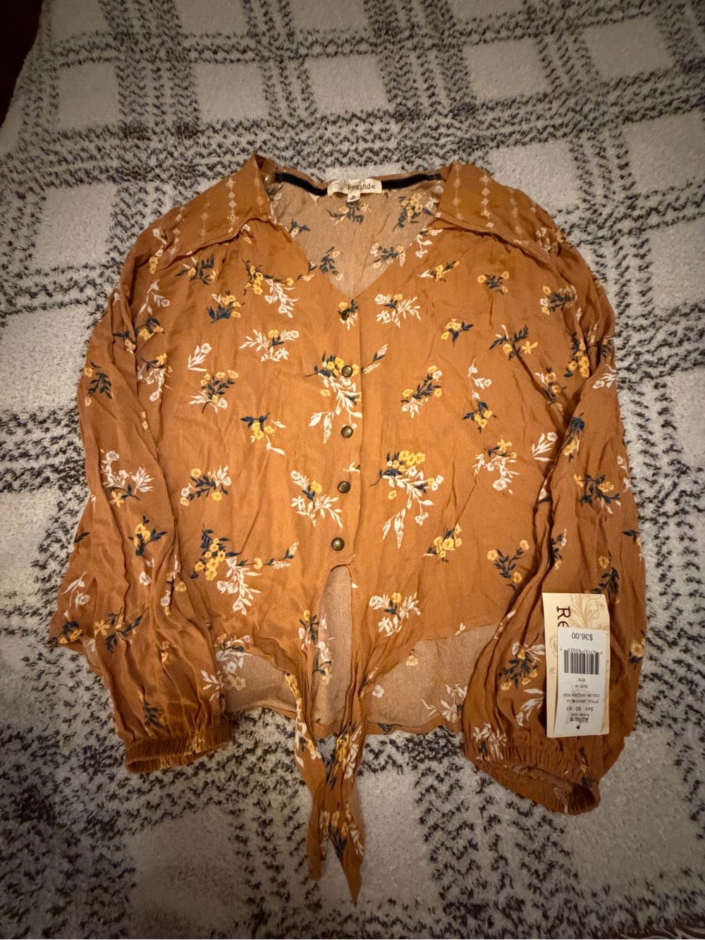 Rewind Rust Floral Button-Front Tie Blouse